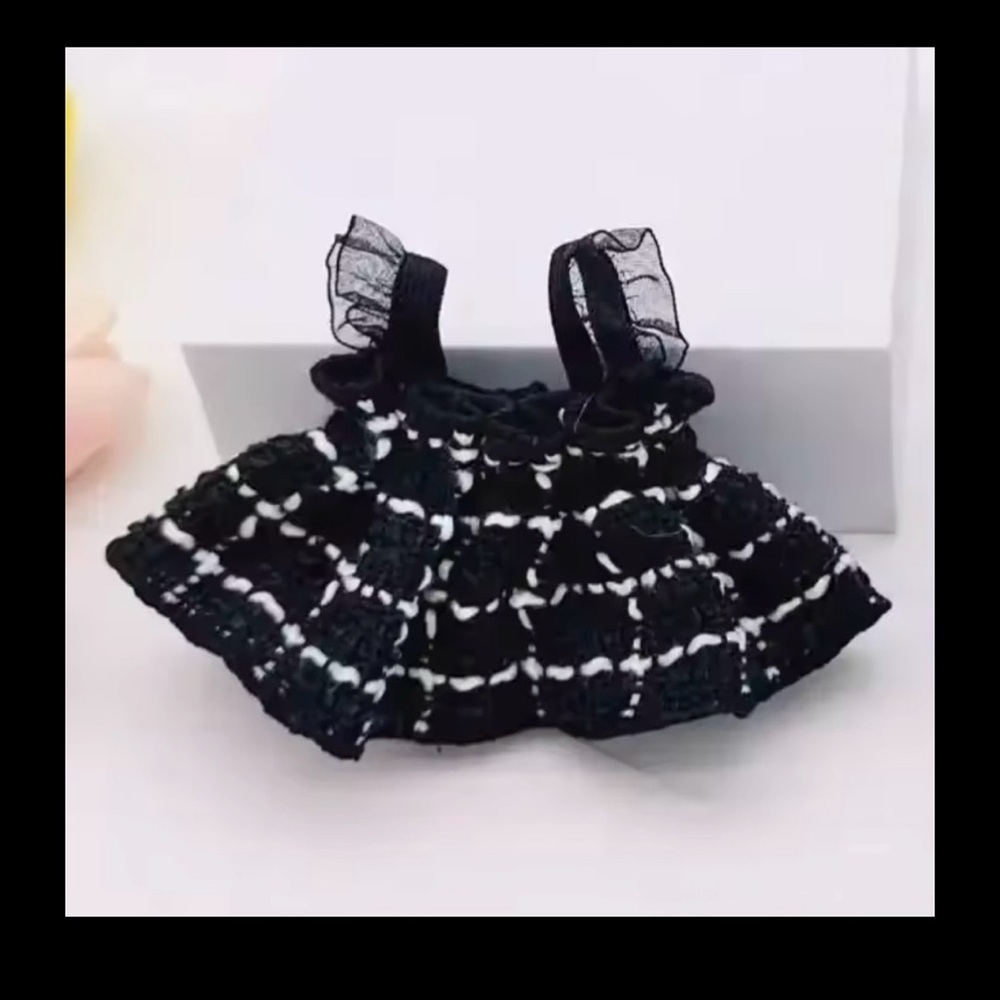Labubu Clothing Pink and White Plaid Dress and Pearl Necklace